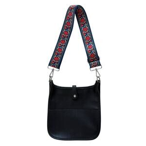 Black Pebbled Faux Leather Shoulder Bag Crossbody Bag Adjustable Colorful Strap